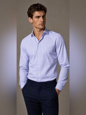 Charles Tyrwhitt Men’s Slim Fit Fine Stripe Dress Shirt Blue White Size 17/35